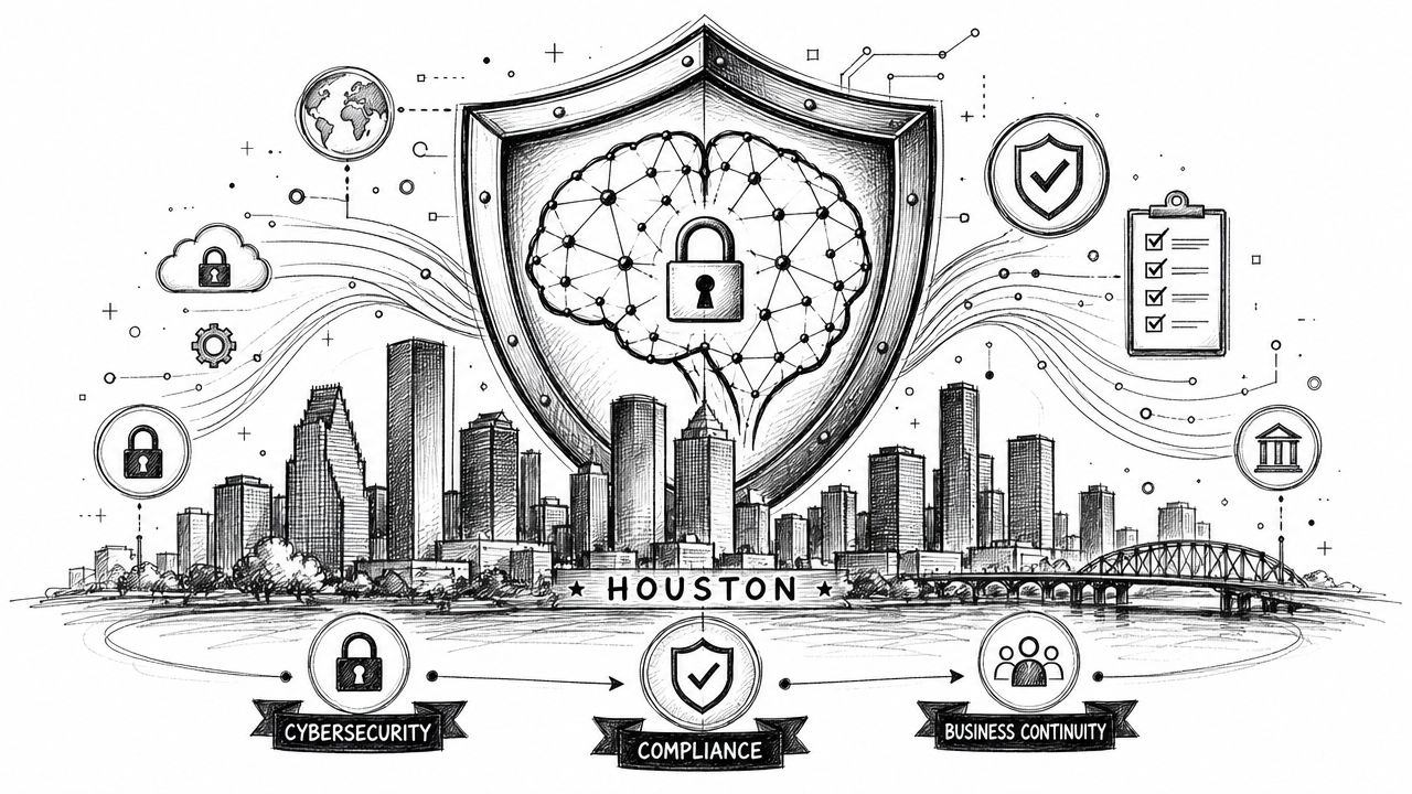 A conceptual line art drawing illustrating Houston city skyline protected by cyber security and compliance measures.