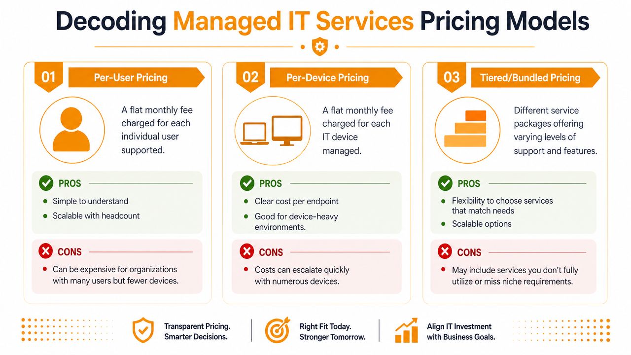 An infographic detailing the three primary pricing models for managed IT services including user, device, and bundled plans.