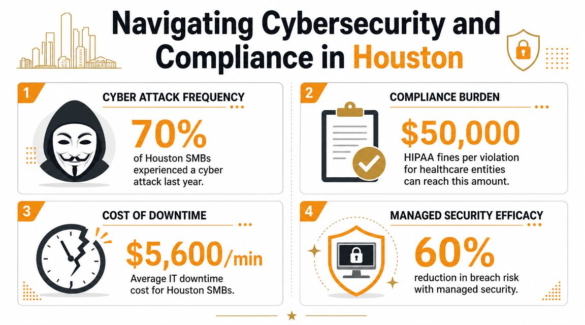 An infographic showing cybersecurity statistics and compliance risks for small and medium businesses in Houston, Texas.