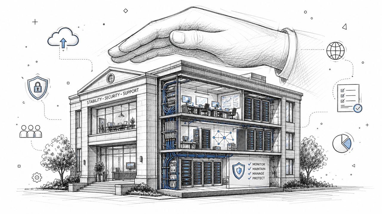 A hand protects an IT office building showing server rooms, networking cables, and digital security monitoring services.
