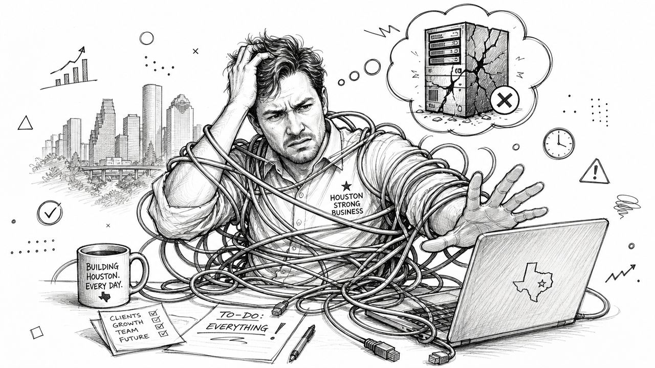 A frustrated businessman entangled in computer cables with a server failure concept, representing managed IT service issues.