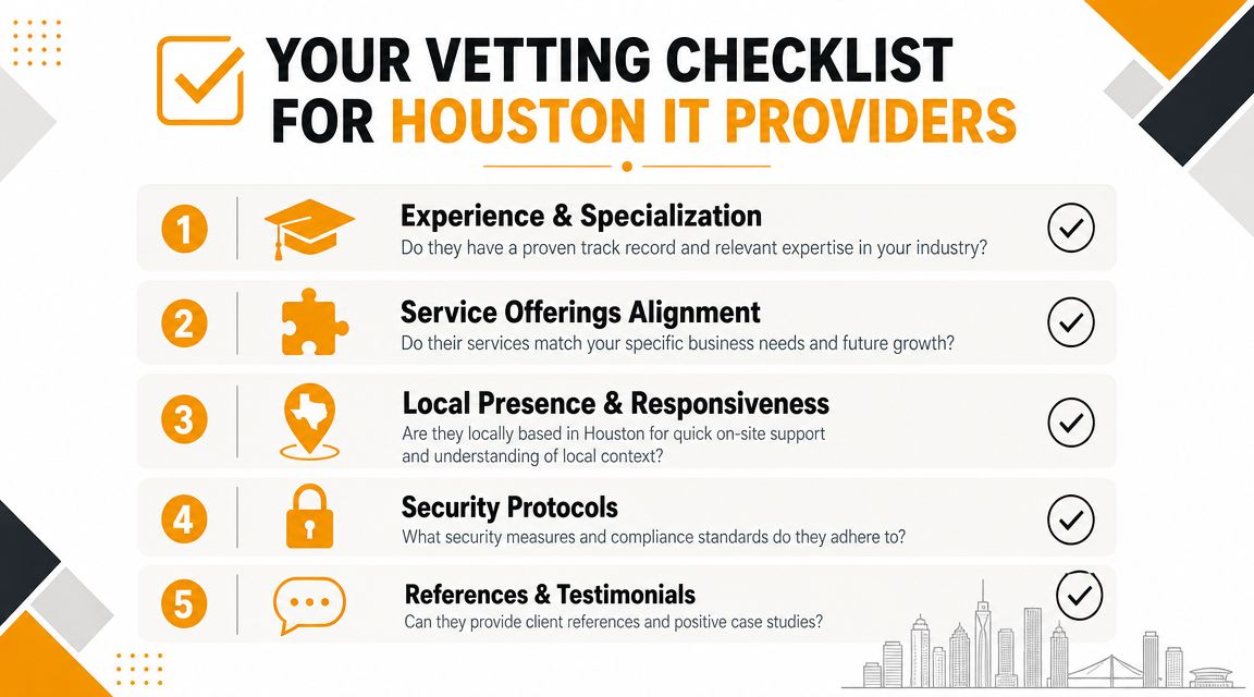 A professional infographic titled Your Vetting Checklist for Houston IT Providers with five key evaluation steps.