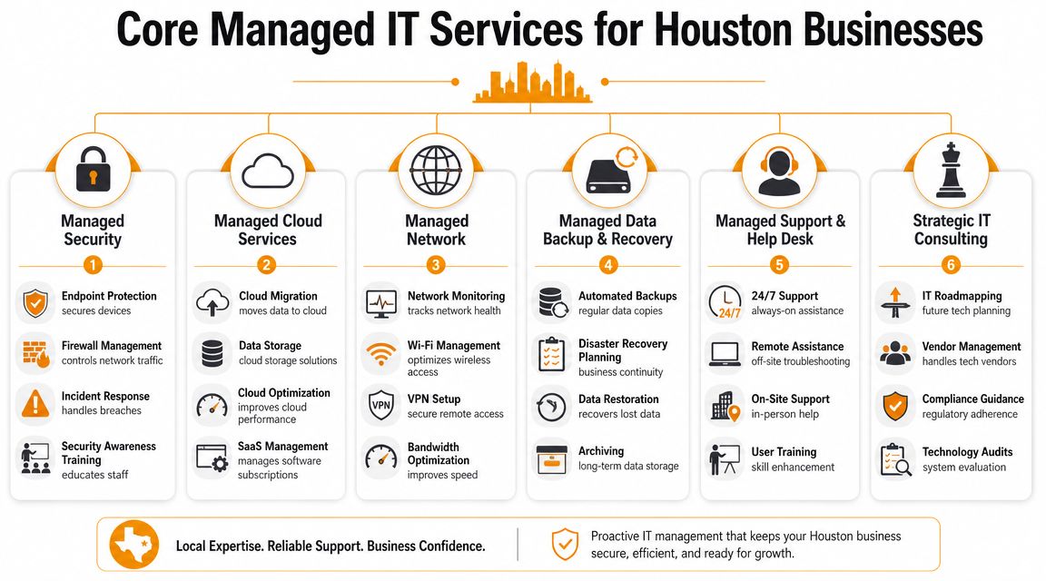 A comprehensive infographic detailing six core managed IT services offered to businesses in the Houston area.