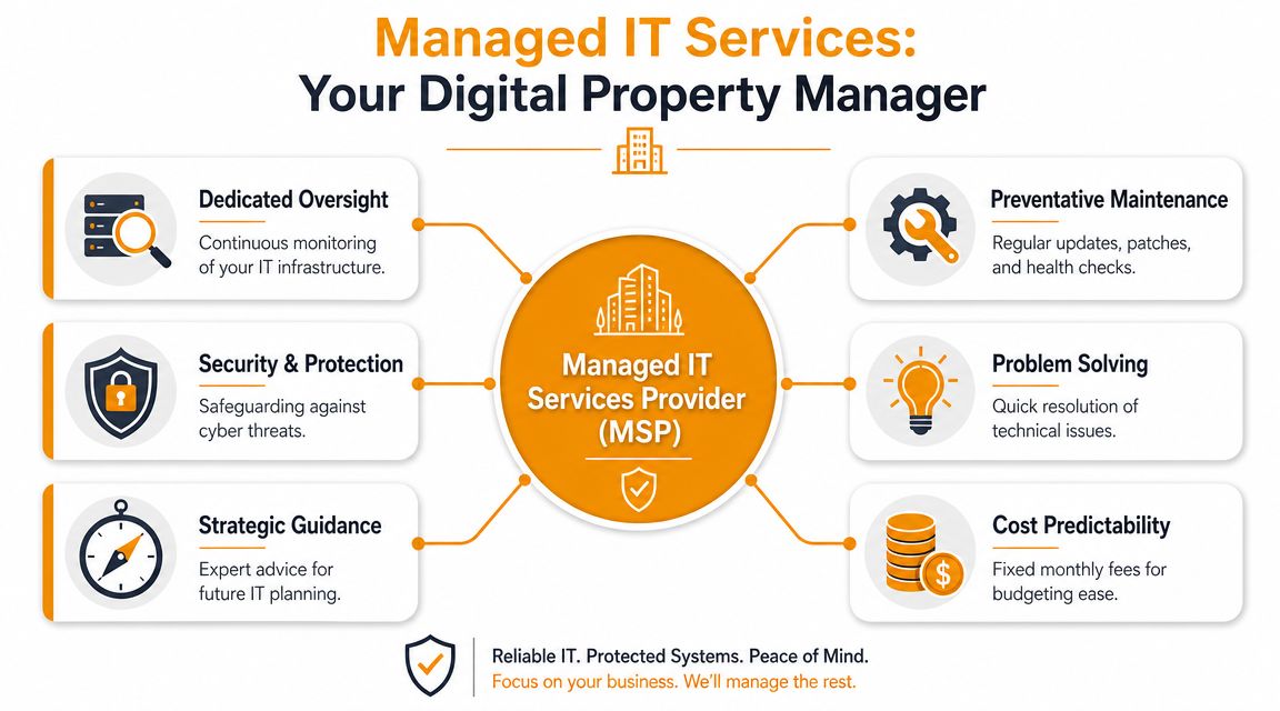 A diagram illustrating the core benefits and services provided by a managed IT services provider to businesses.