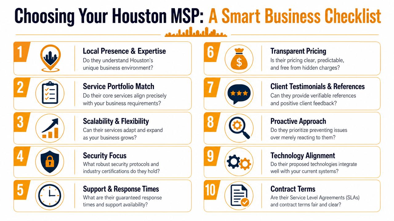 A checklist infographic titled Choosing Your Houston MSP with ten key criteria for selecting managed IT services.