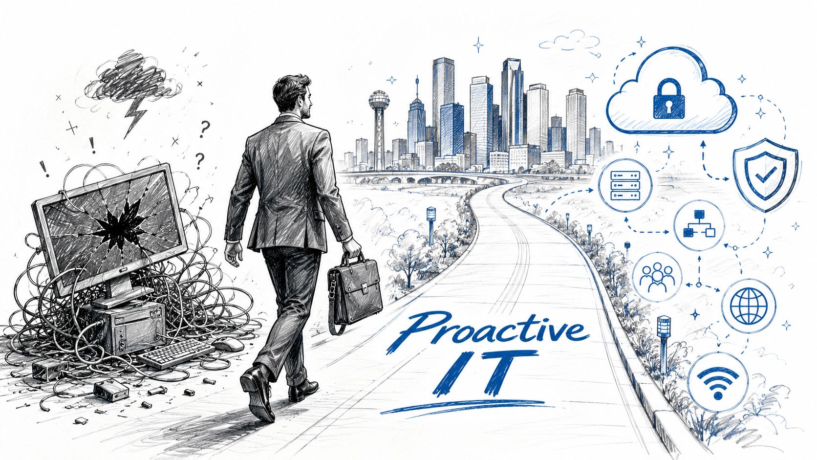 A businessman walks away from a chaotic broken computer towards a modern city with digital infrastructure icons.