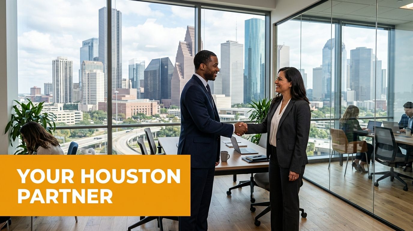 A professional man and woman shaking hands in a bright office with a Houston city skyline view.