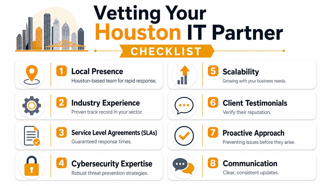 An infographic checklist for vetting a Houston IT partner including eight key criteria for business services.