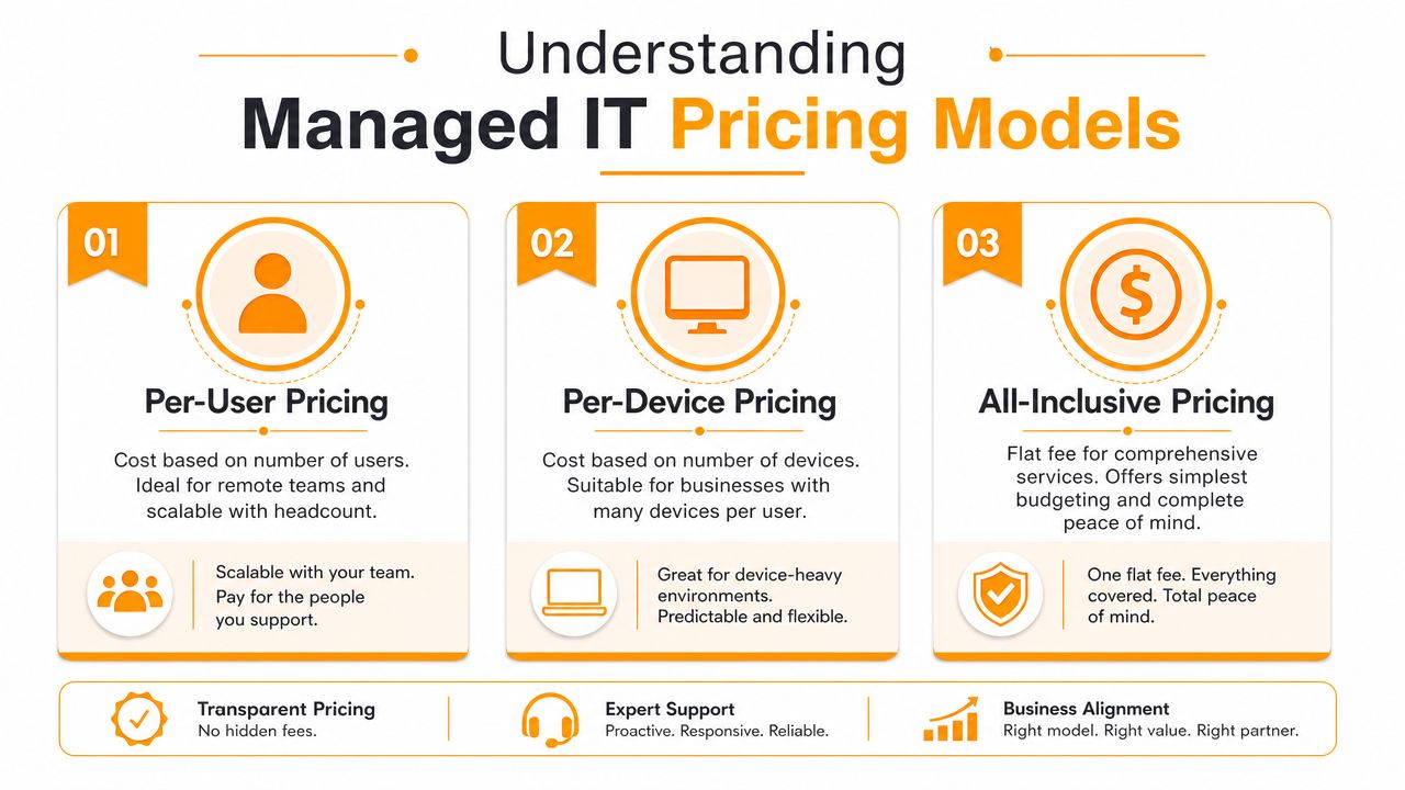 A graphic showing three managed IT pricing models: per-user, per-device, and all-inclusive pricing options.