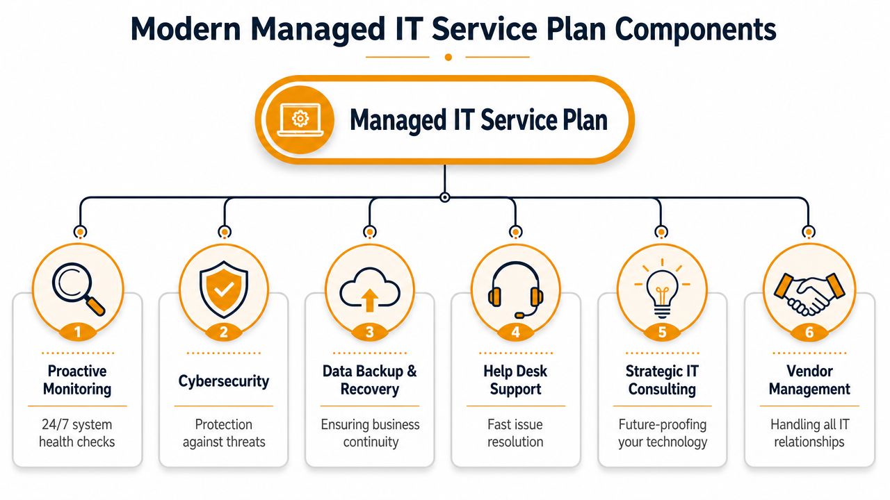 A diagram illustrating six key components of a modern managed IT service plan for business optimization.