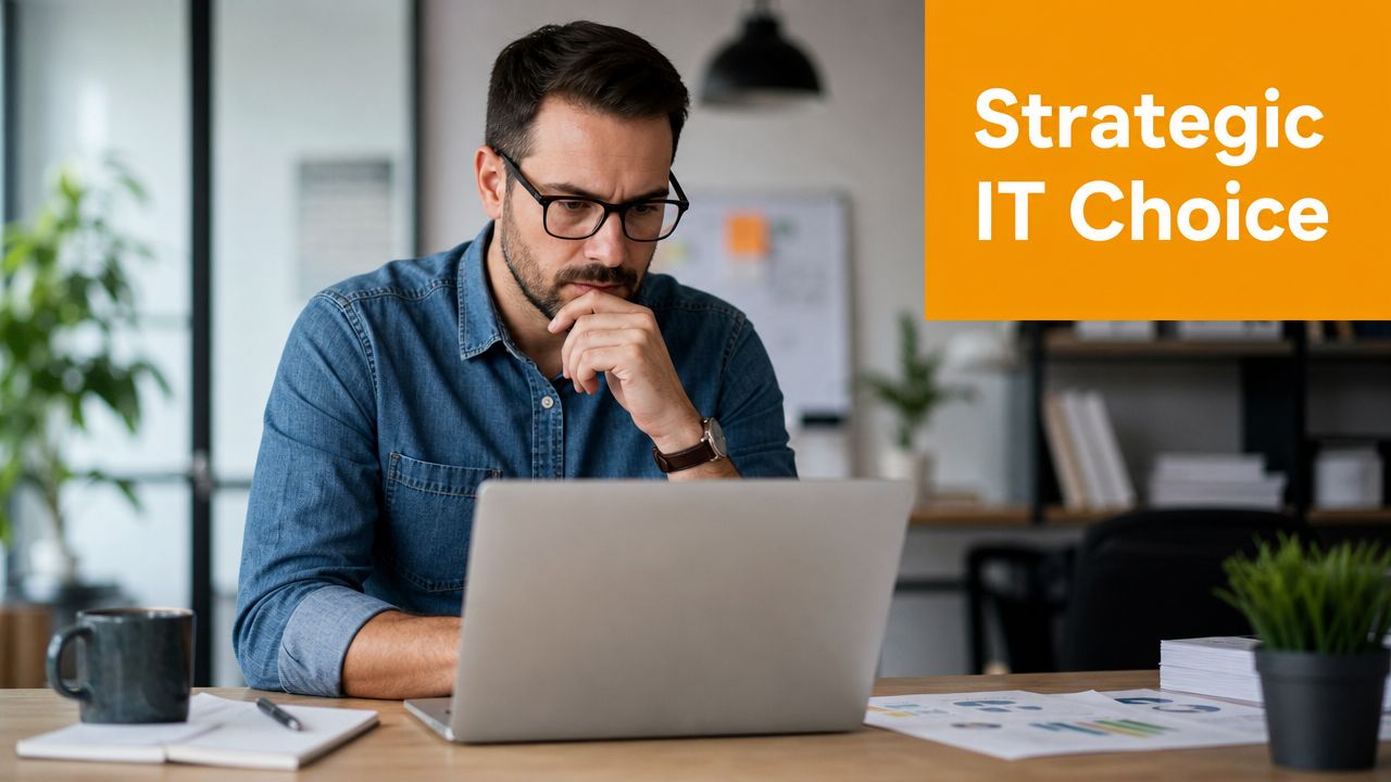 A professional man with glasses working on his laptop while contemplating a strategic IT choice in office.