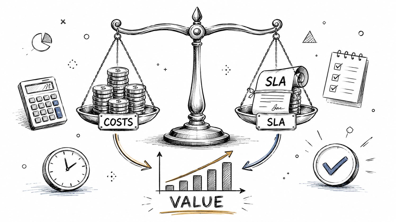 A conceptual illustration balancing IT costs and service level agreements to generate business value for organizations.