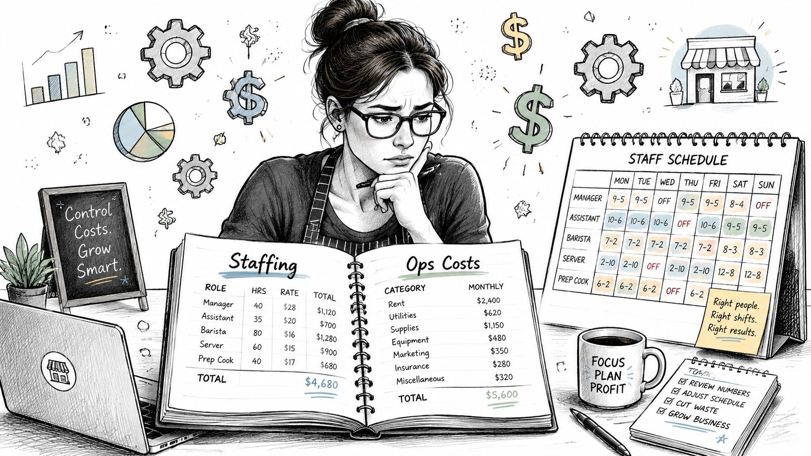 A business owner reviewing staffing schedules and operating costs at a desk with financial planning tools.
