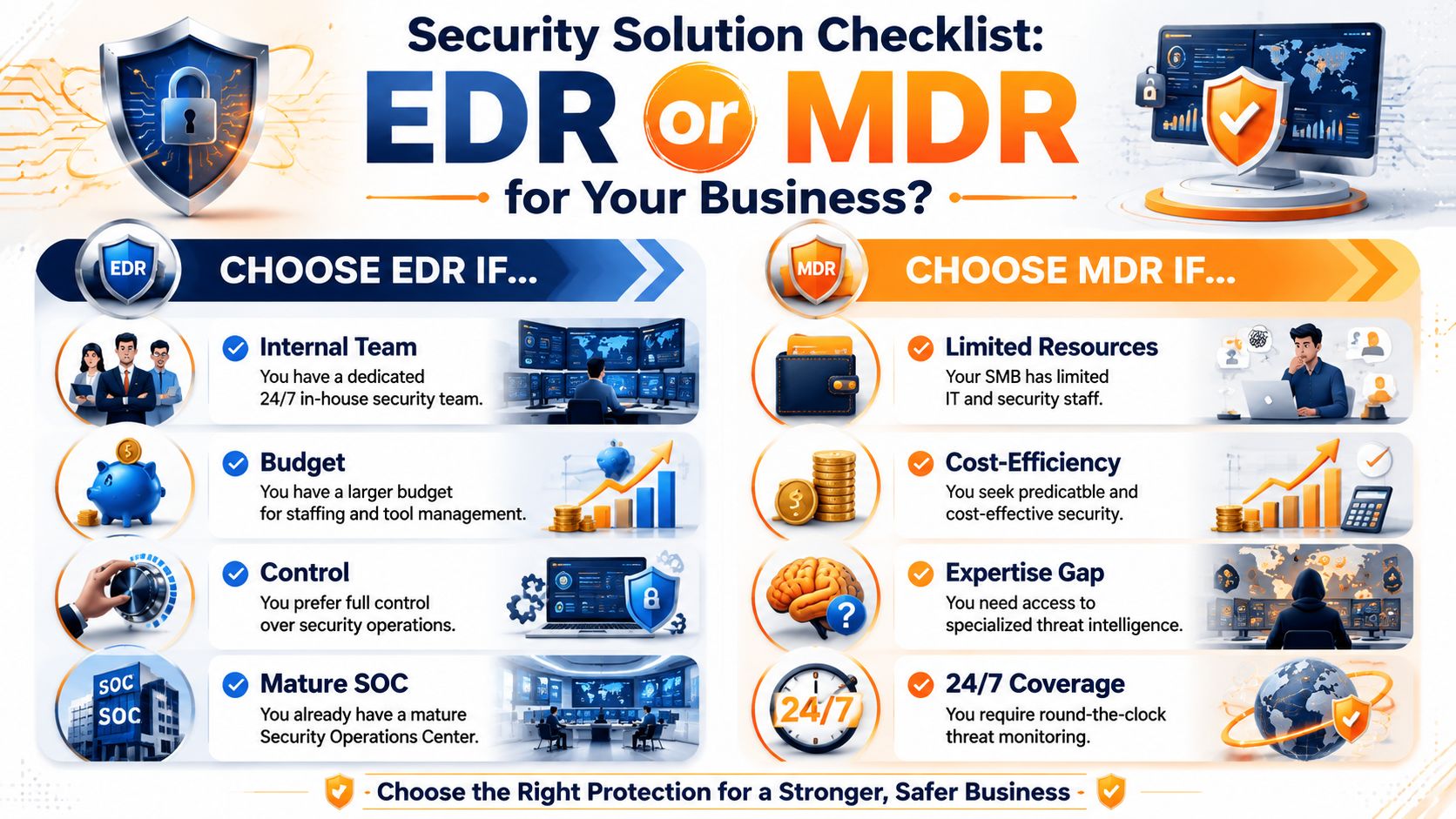 A comparison infographic showing when businesses should choose between EDR and MDR security solutions for cyber protection.