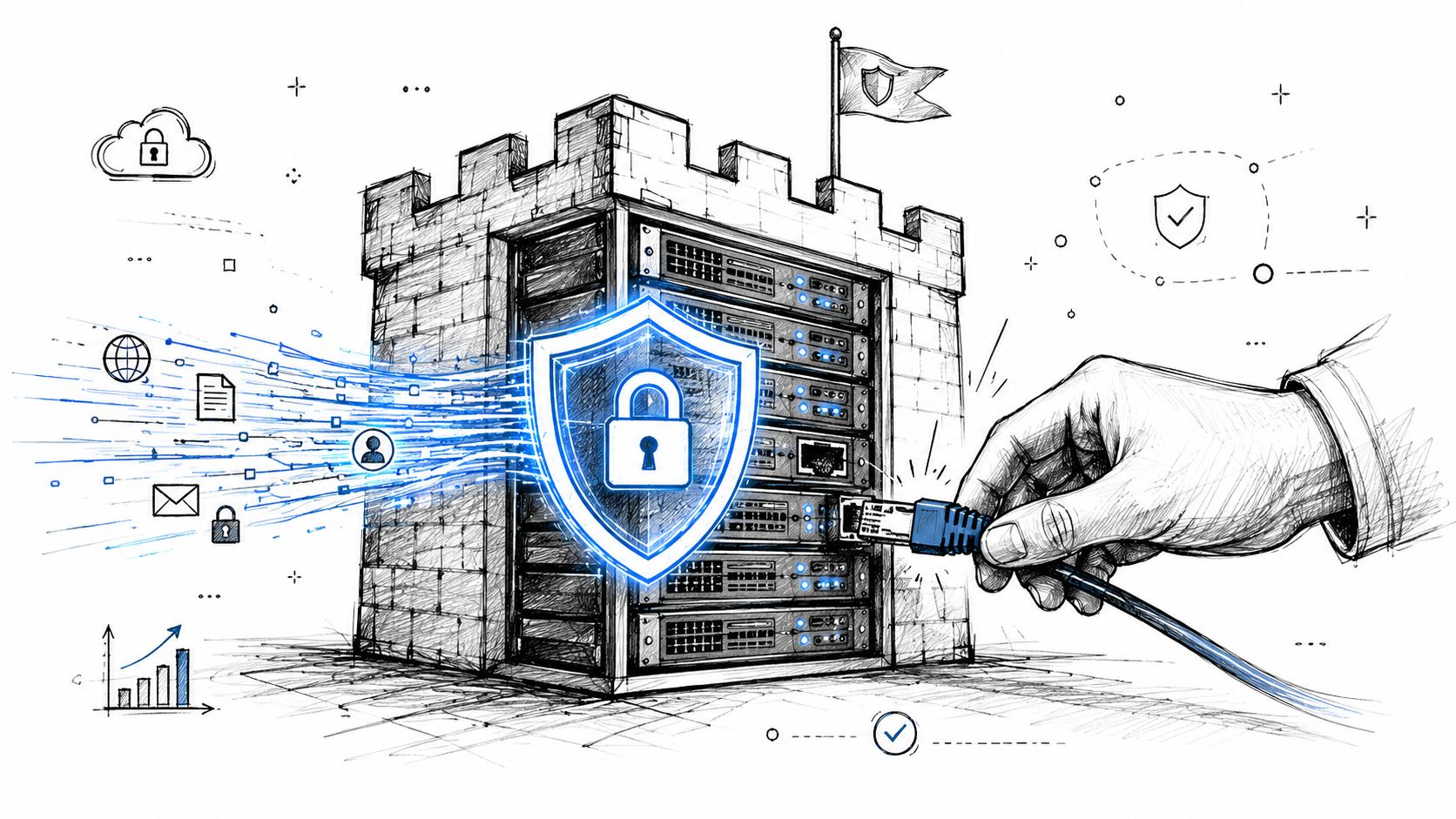 A hand plugging a network cable into a server rack secured by a glowing digital shield.