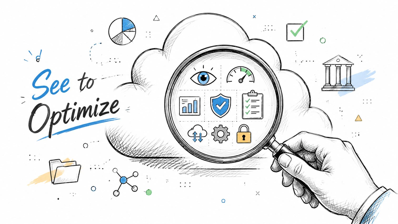 A hand holding a magnifying glass over a cloud illustration containing icons for analysis and security.