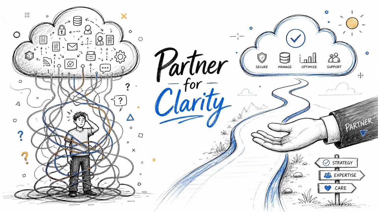 A hand guiding a person from a messy, tangled cloud environment to a clear, organized cloud solution.
