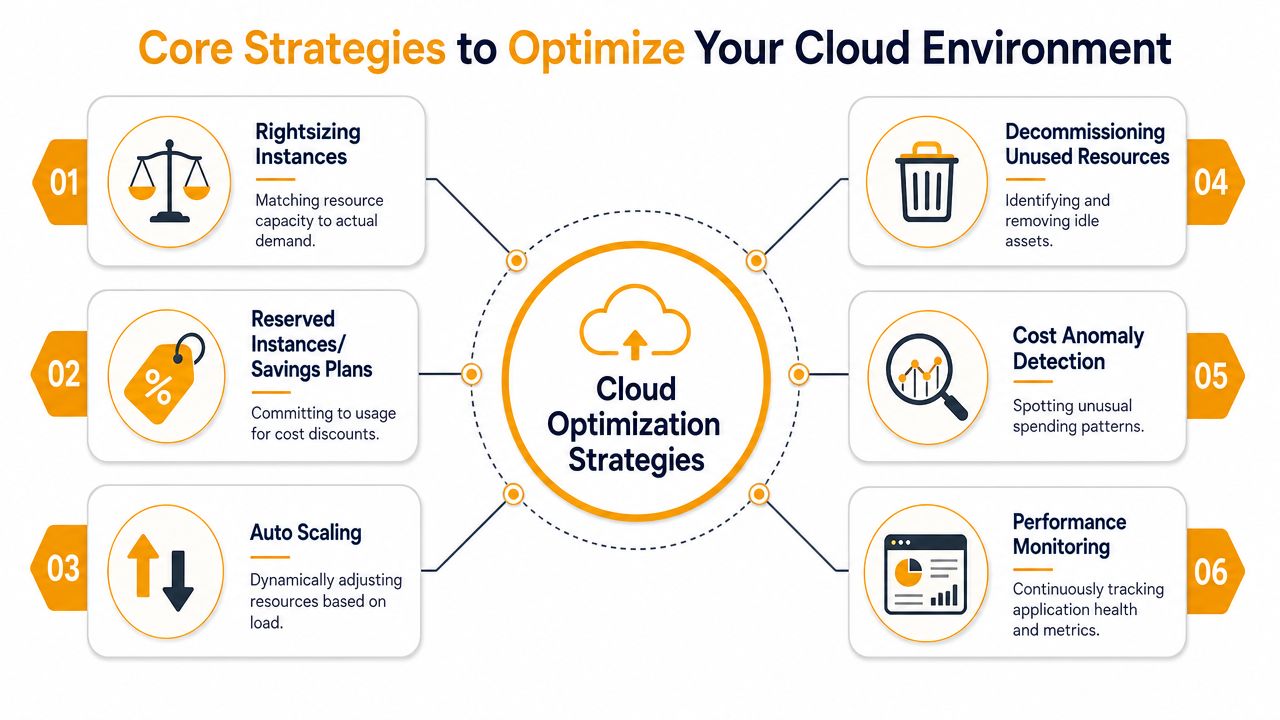 A diagram outlining six core strategies for optimizing cloud computing environments, including resource management and cost reduction.