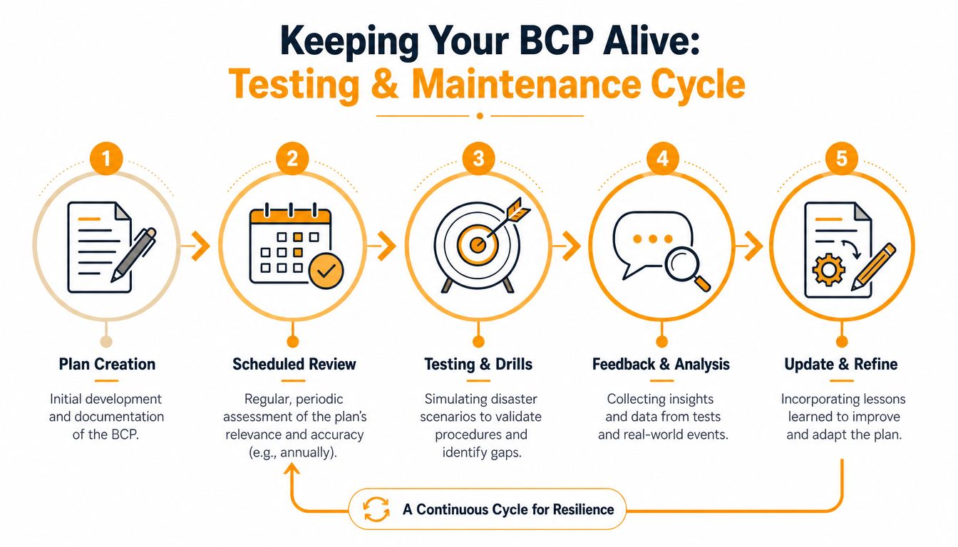 A five-step business continuity plan infographic illustrating the testing and maintenance cycle for organizational resilience.