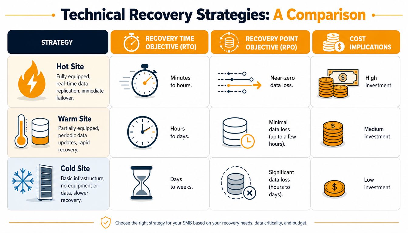 A comparison chart outlining technical recovery strategies including hot, warm, and cold sites with RTO, RPO, and costs.