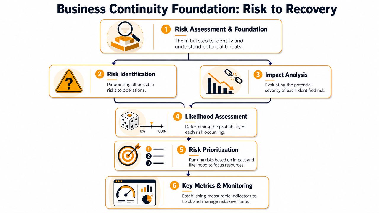 A flowchart titled Business Continuity Foundation illustrating the six-step process from initial risk assessment to monitoring.