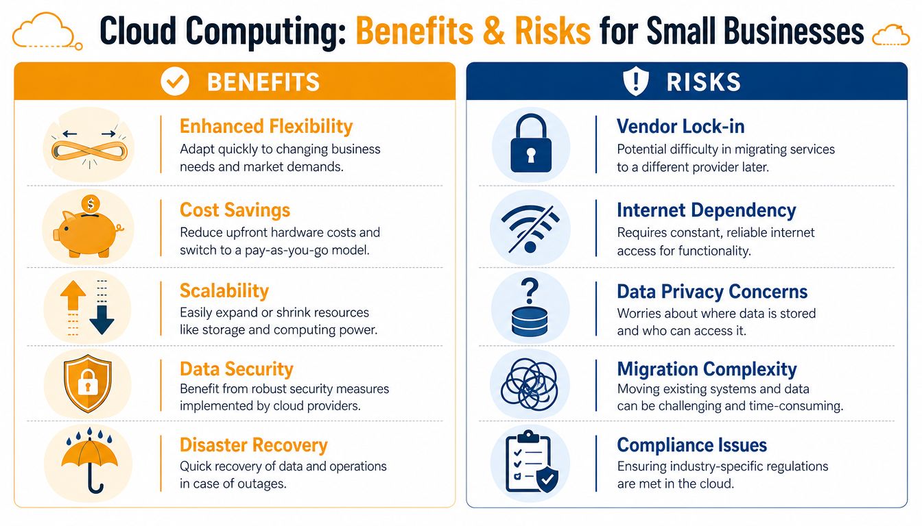 An infographic showing the five key benefits and five main risks of cloud computing for small businesses.