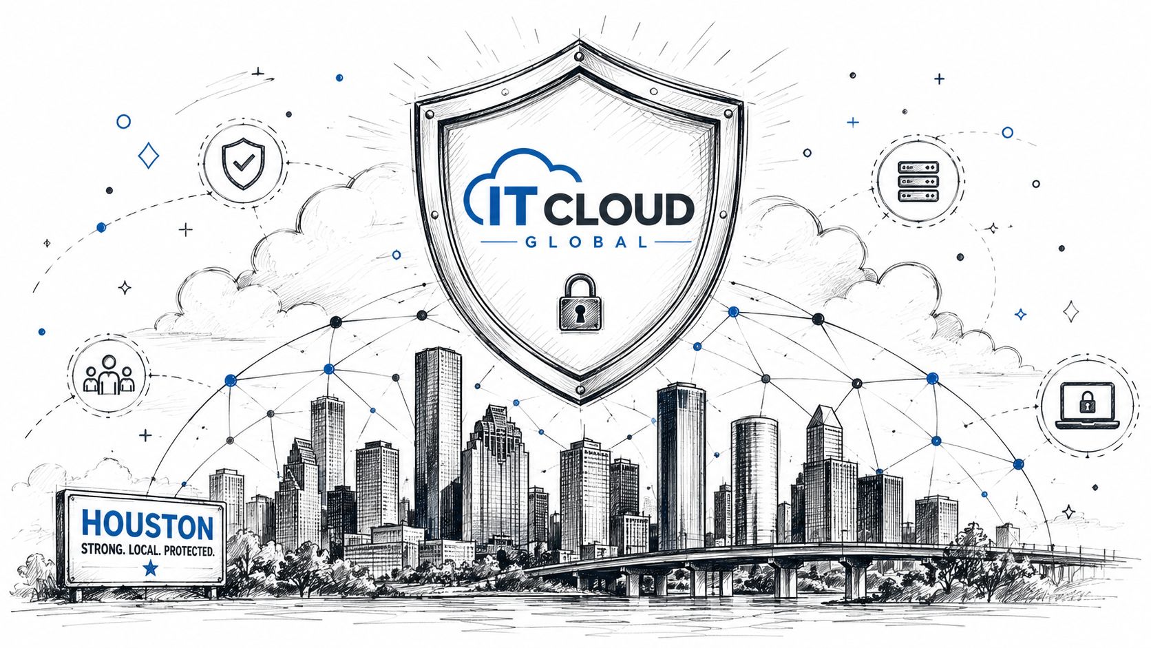 A digital sketch of the Houston skyline featuring a large shield logo for IT Cloud Global services.