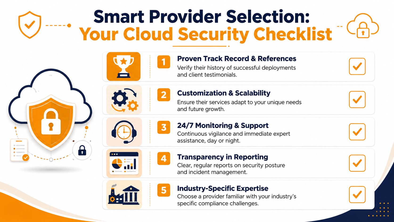 A five-point checklist for choosing a smart cloud security provider illustrated with professional icons.