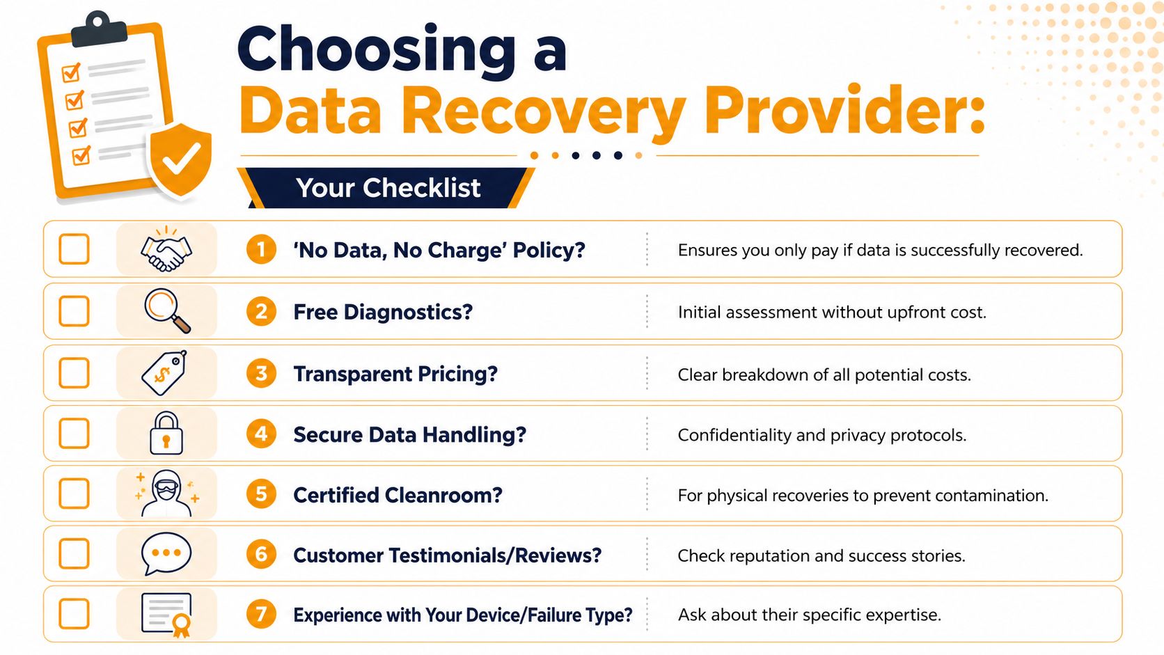 A checklist infographic outlining seven key factors to consider when choosing a professional data recovery service provider.