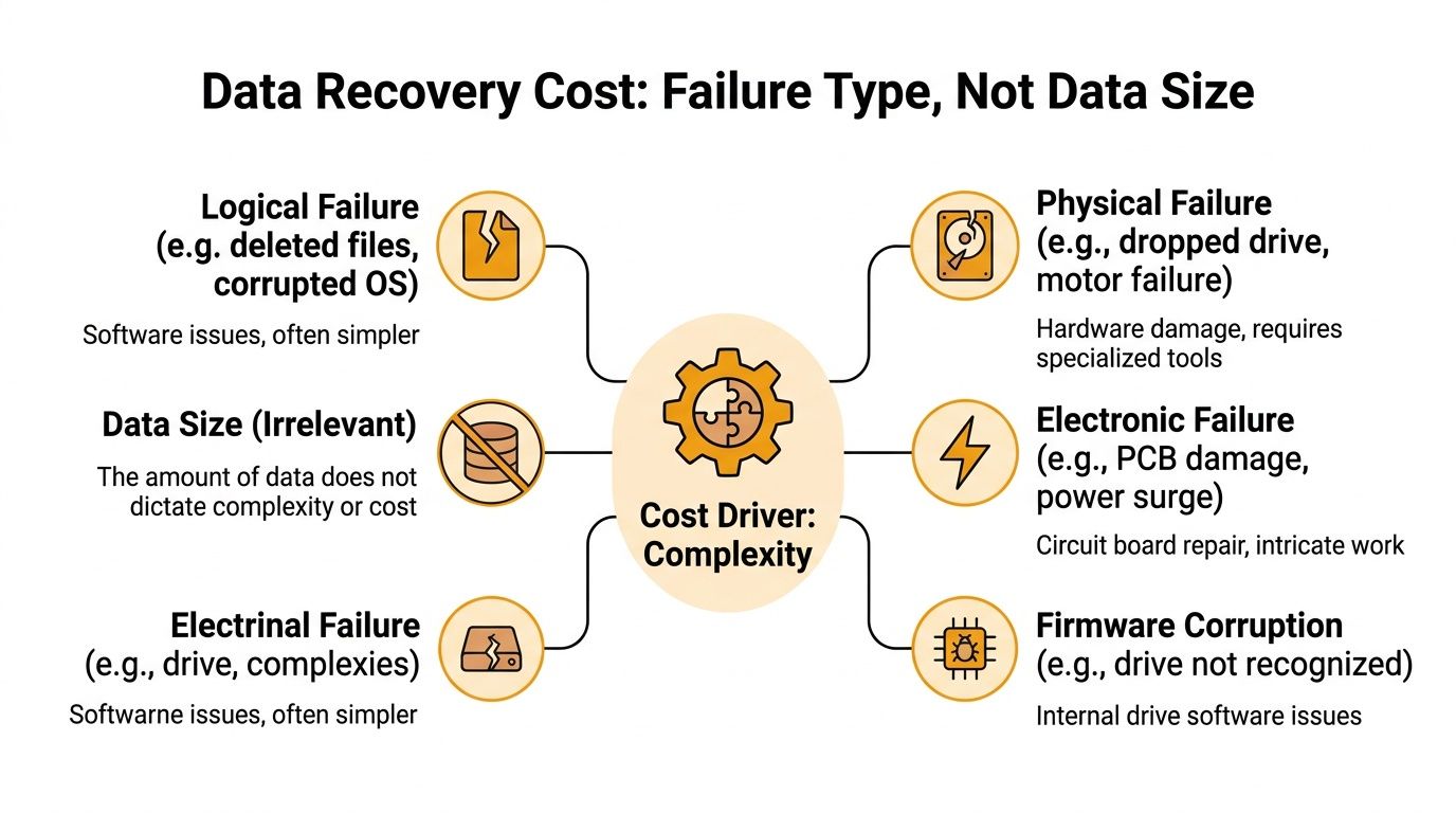 A diagram explaining that data recovery cost depends on failure type and complexity, not data size.
