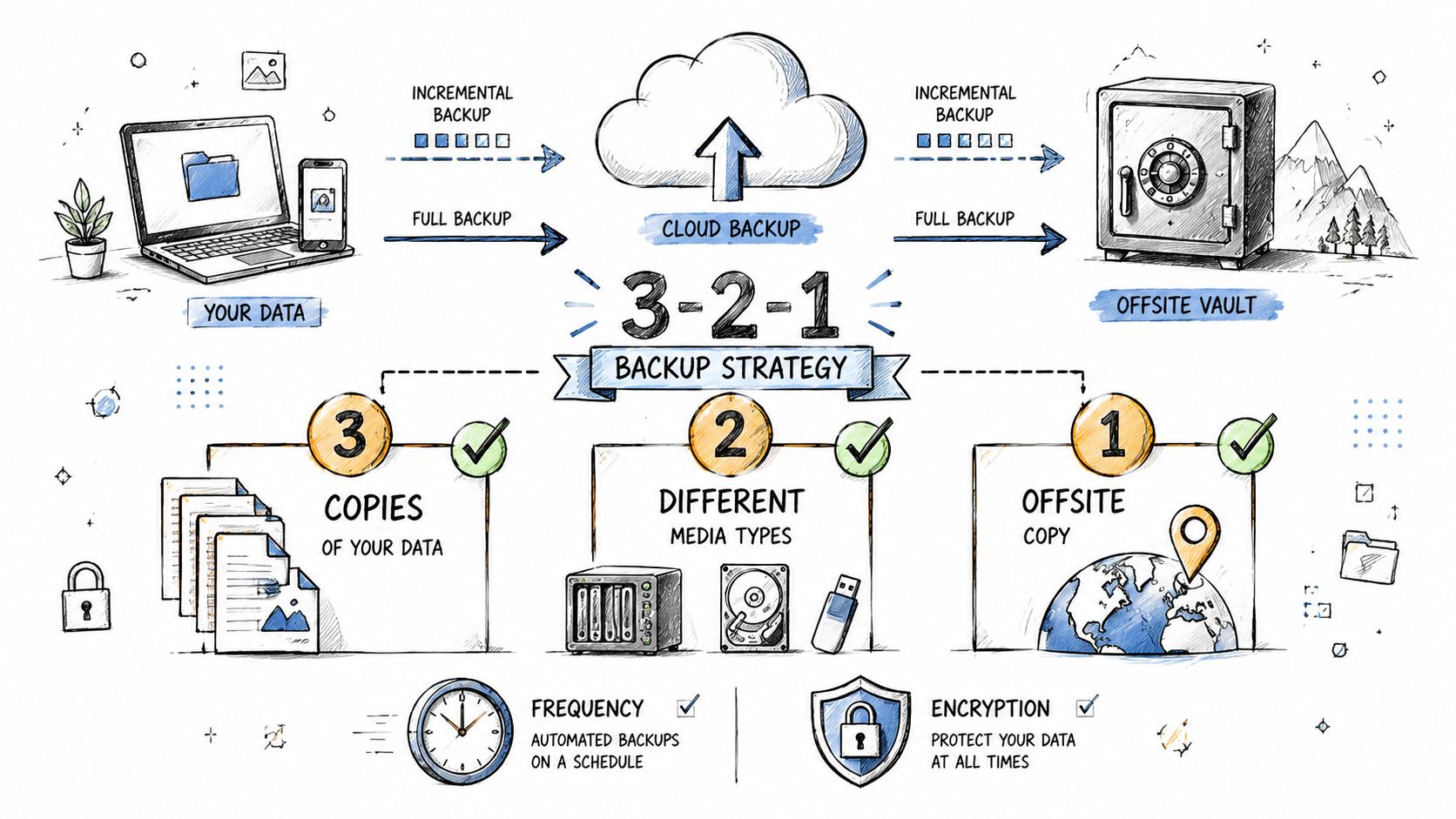 A hand-drawn illustration explaining the 3-2-1 backup strategy for effective data protection and disaster recovery.