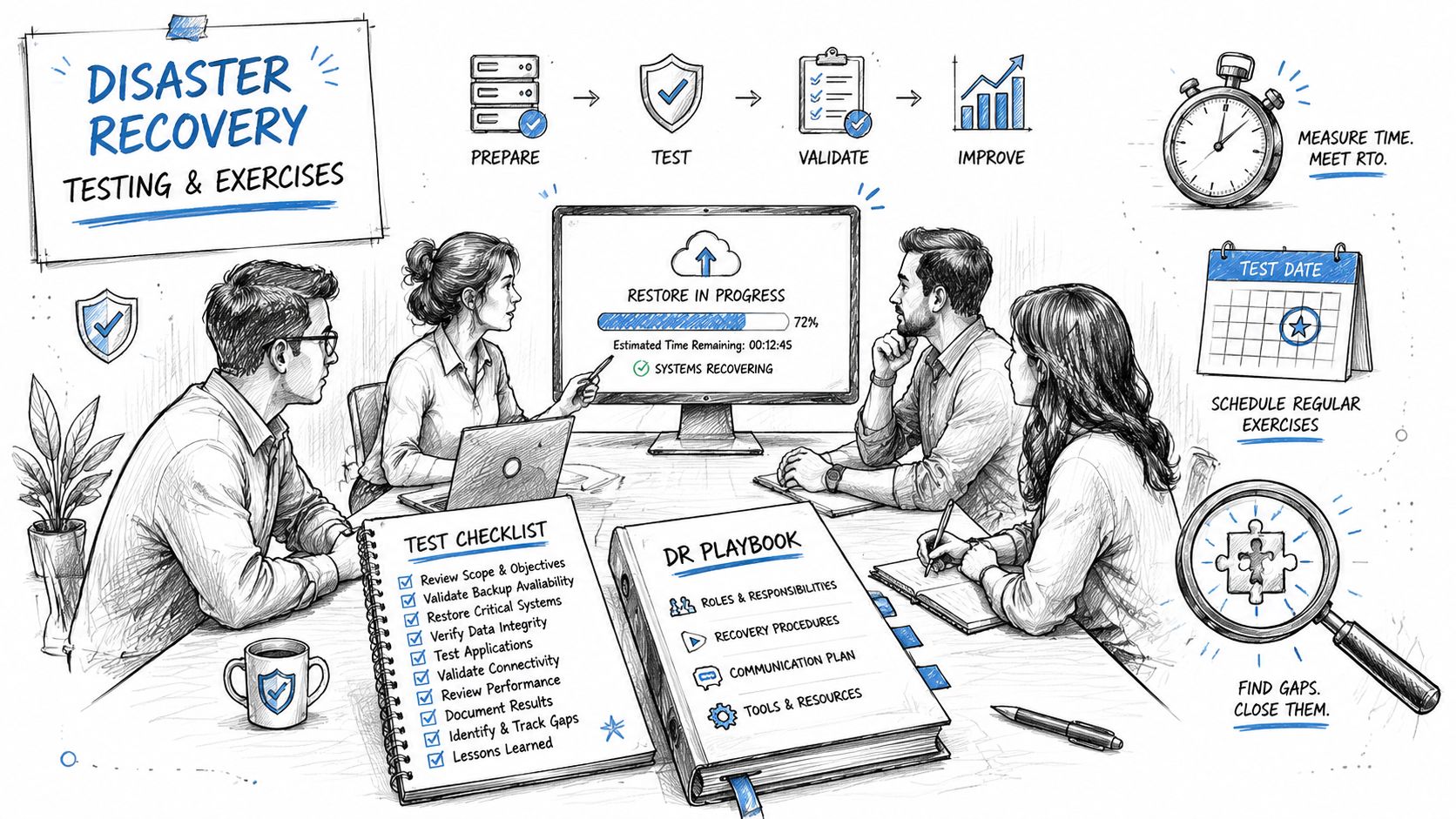 A team collaborating in a meeting room while reviewing a disaster recovery plan checklist and manual.