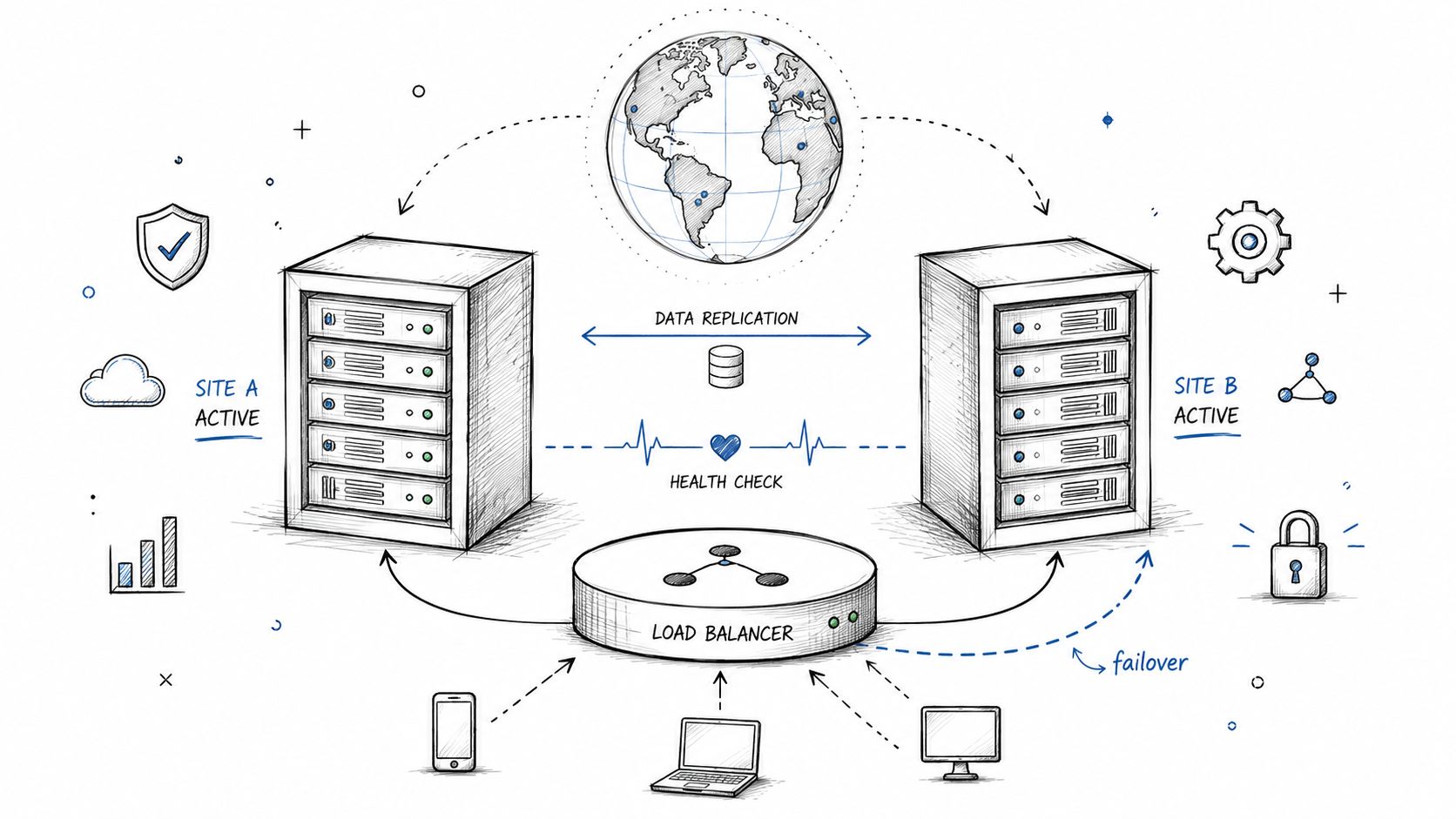 A diagram illustrating a disaster recovery plan with load balancing between active server sites for high availability.