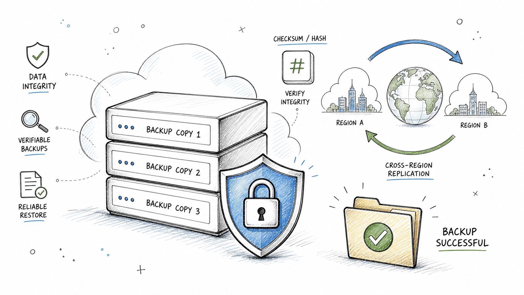 A conceptual illustration of secure cloud data backup, showing encrypted storage, checksum verification, and cross-region replication processes.