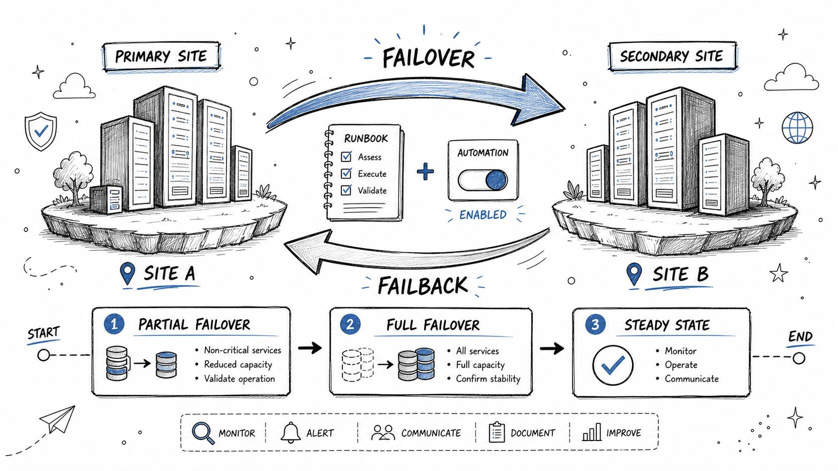 A hand-drawn diagram illustrating disaster recovery processes including failover, failback, and steps for site recovery management.