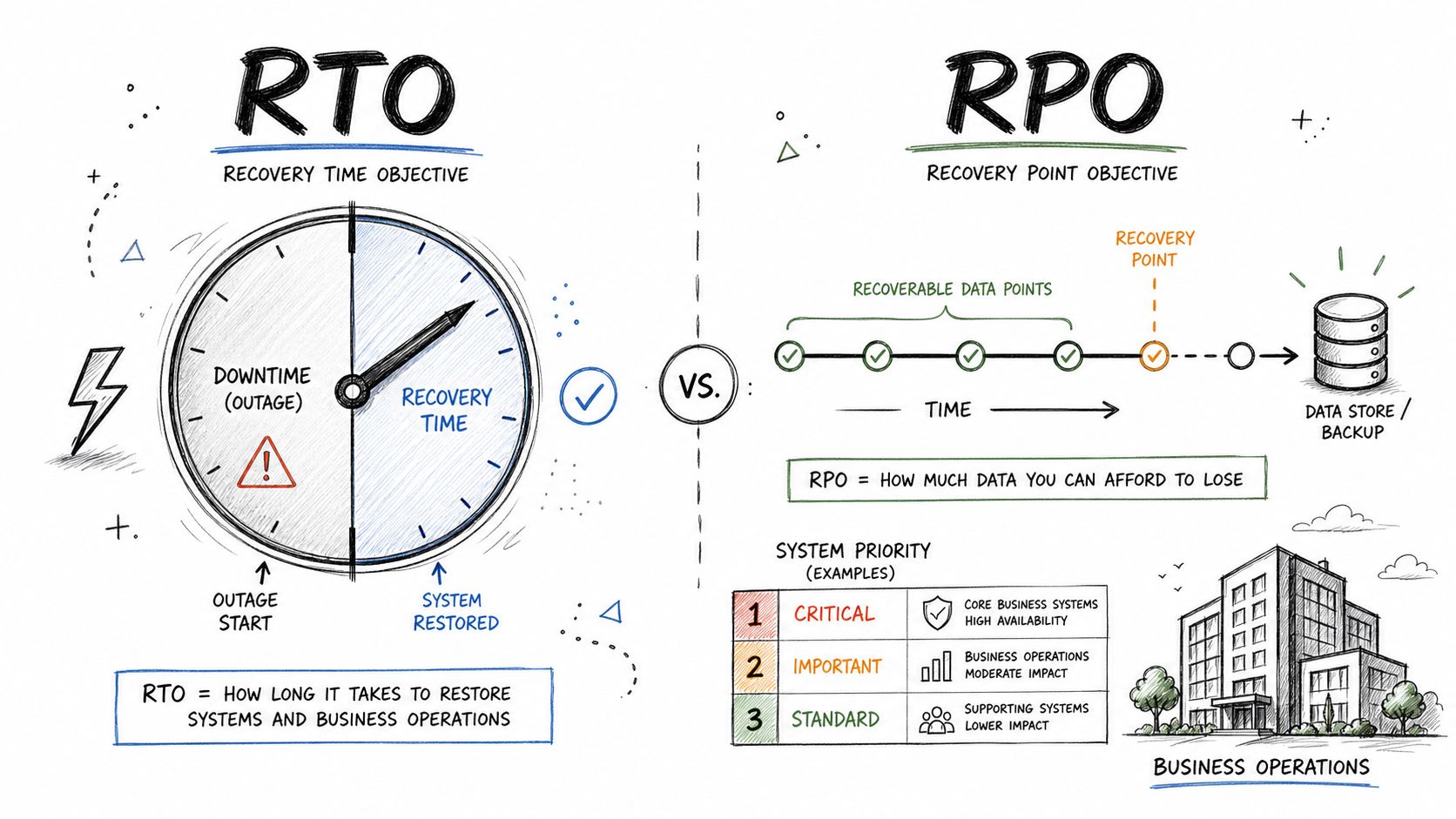 An infographic comparing Recovery Time Objective (RTO) and Recovery Point Objective (RPO) for business continuity and disaster recovery.