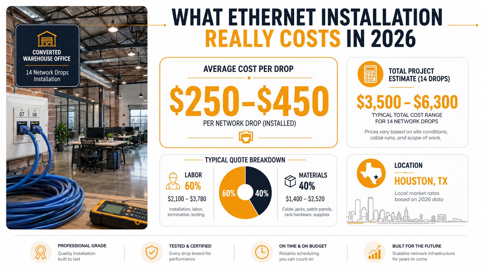 An infographic showing the estimated 2026 costs for installing 14 Ethernet network drops in a warehouse office.