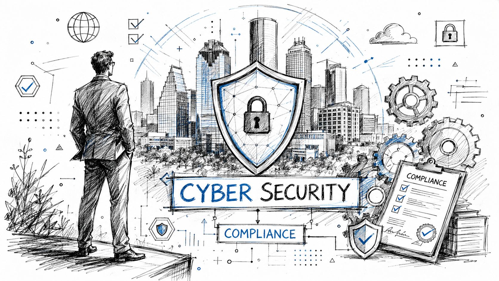 A professional looking at a digital illustration of Houston cityscape with cybersecurity and compliance icons.