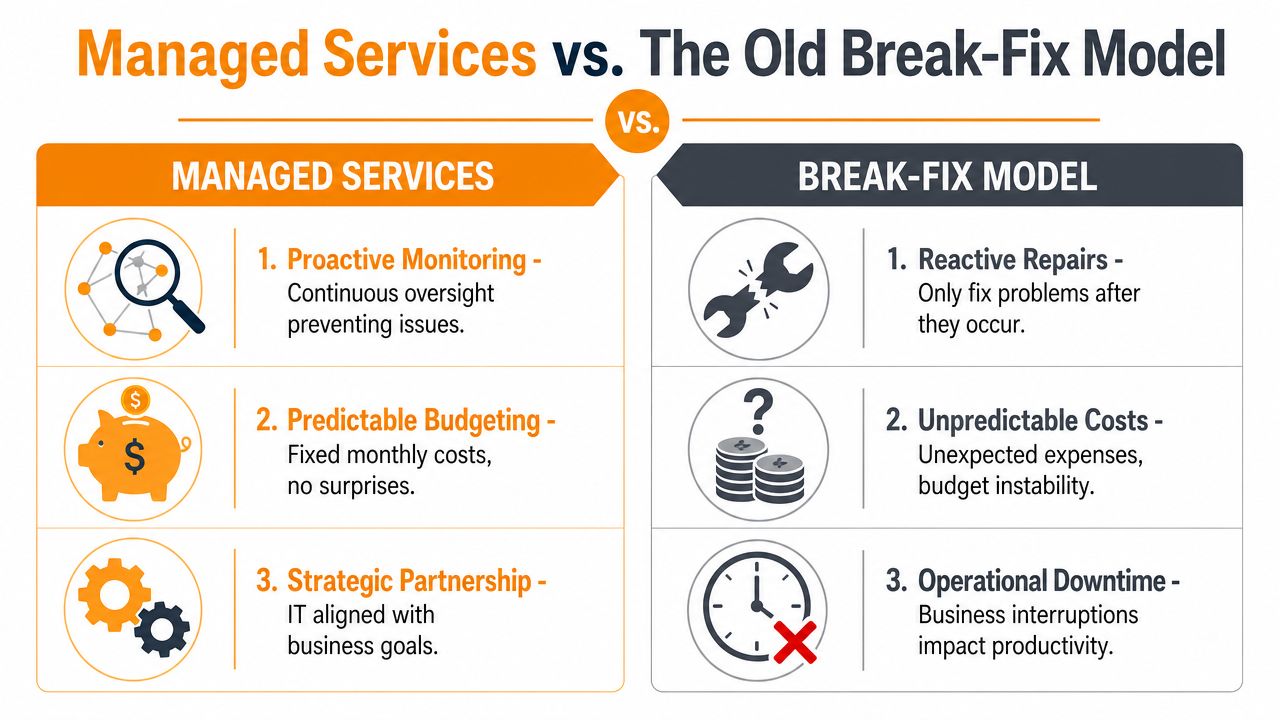 A comparison chart showing benefits of managed IT services versus the traditional break-fix maintenance model.