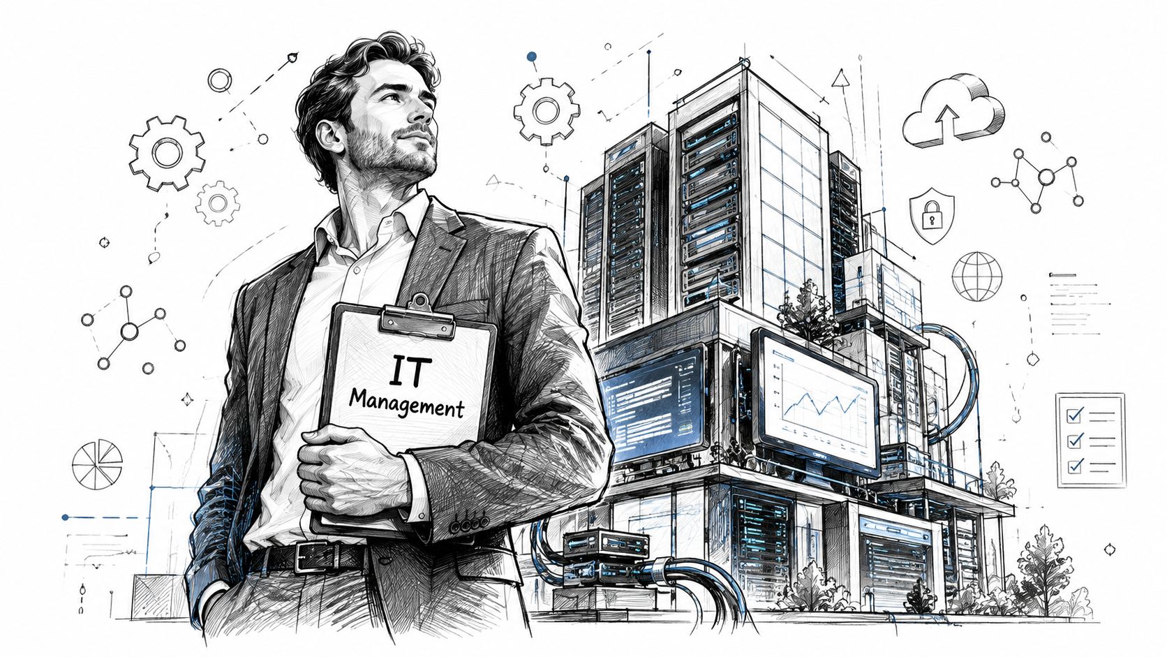 A professional man holding an IT management clipboard standing in front of a modern data center infrastructure illustration.