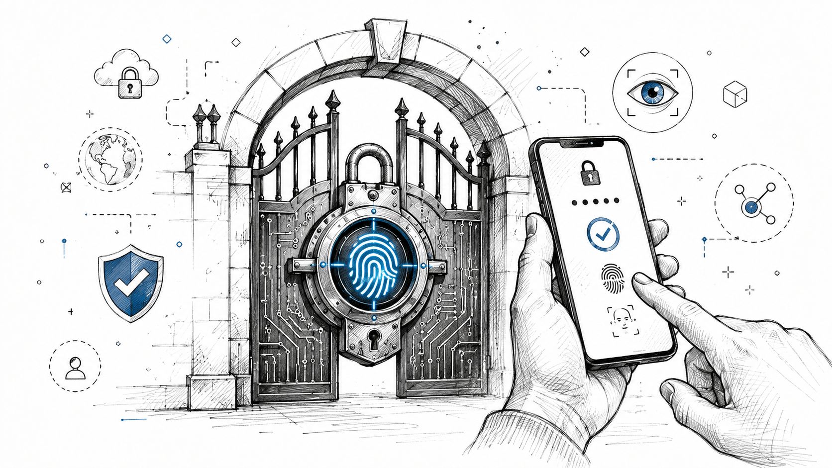 A hand holding a smartphone unlocking a digital security gate with biometric fingerprint and facial recognition technology.
