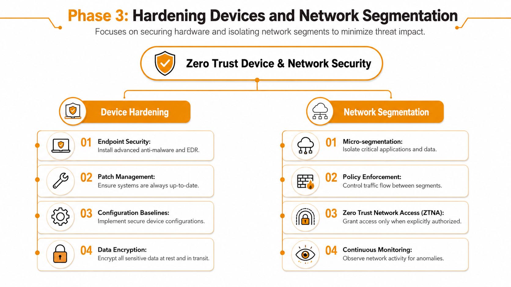 A diagram illustrating Phase 3 of Zero Trust implementation, focusing on device hardening and network segmentation strategies.
