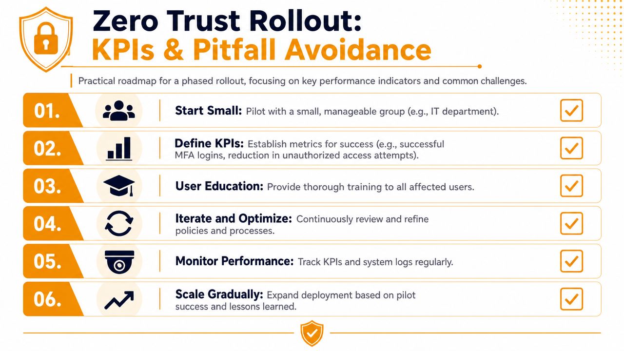 A six-step infographic outlining a strategic roadmap for implementing a successful zero trust security rollout process.