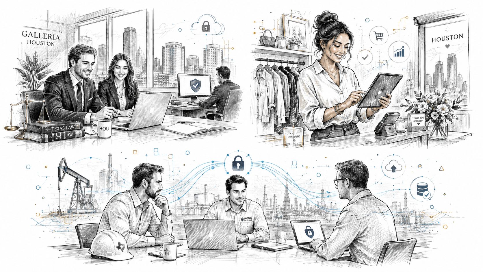 Professional team members in Houston collaborate on digital security, retail operations, and energy sector technology solutions.