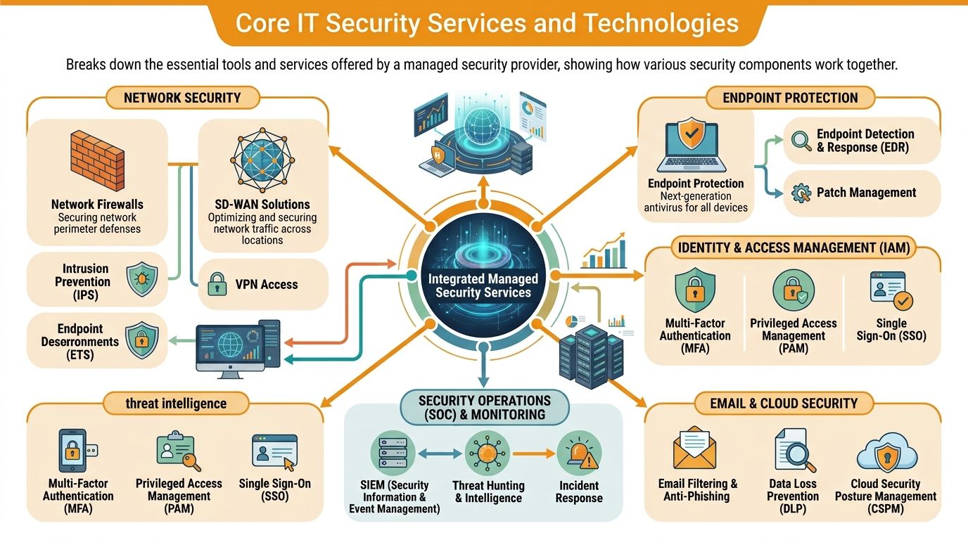 A diagram illustrating core IT security services including network security, endpoint protection, and identity management systems.