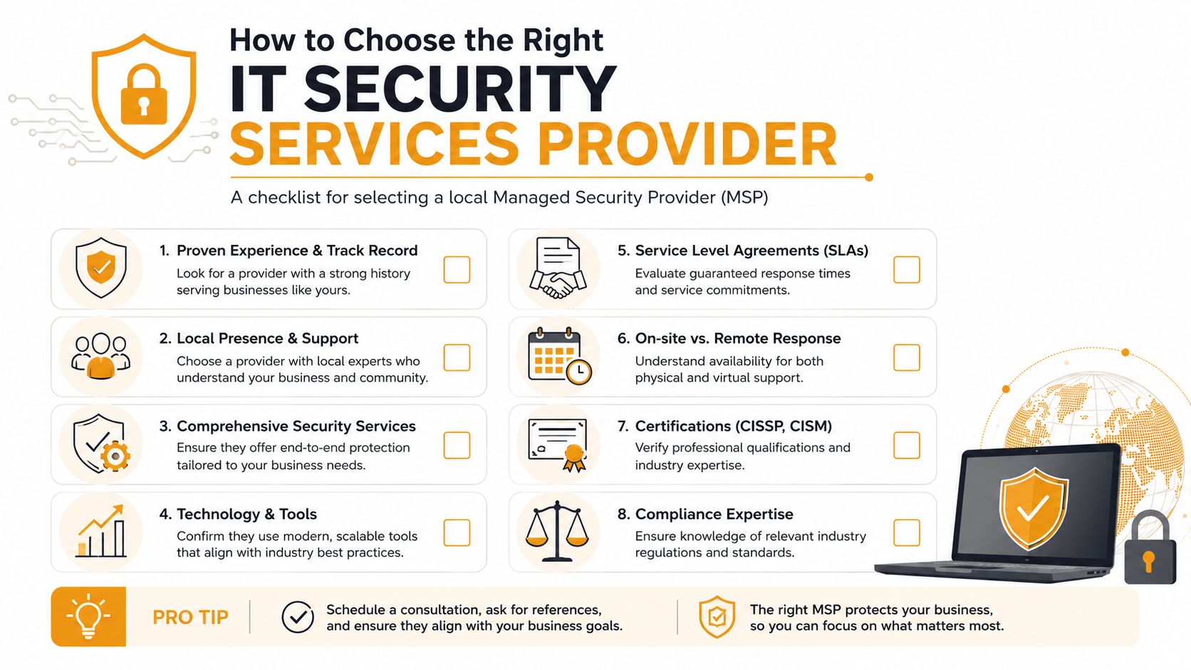 An infographic checklist guiding businesses on how to choose the right IT security services provider effectively.