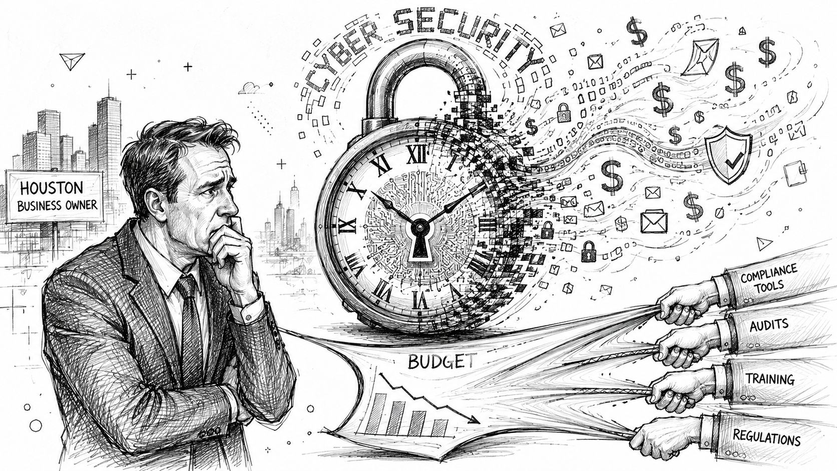 A concerned Houston business owner contemplates the stress of managing cybersecurity budgets amidst competing operational demands.