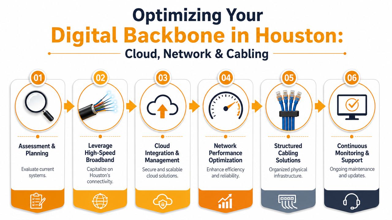 A process infographic outlining six steps for optimizing digital infrastructure, including cloud, network, and cabling services in Houston.