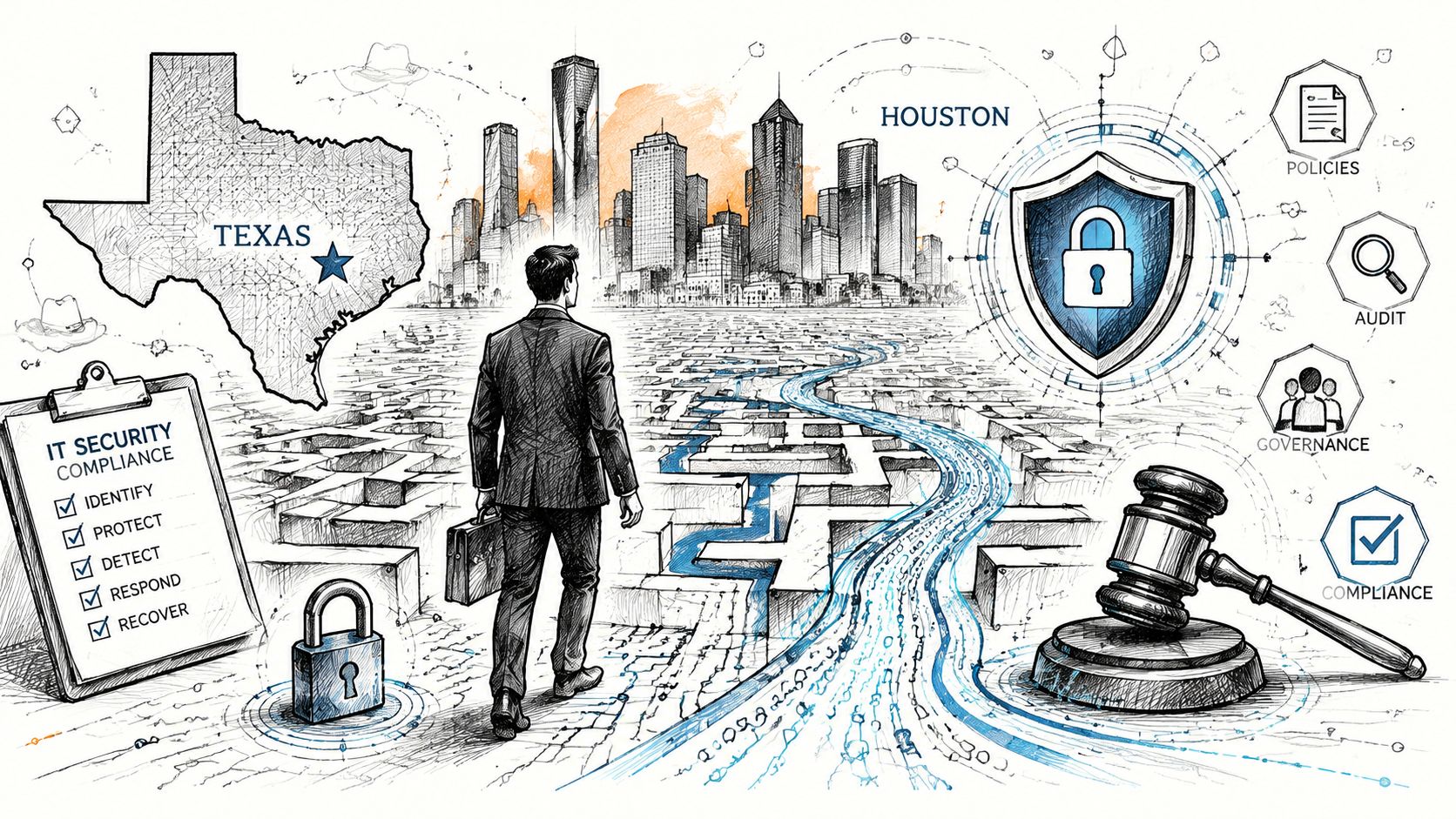 A businessman walking through a maze towards a Houston skyline, representing IT security compliance and governance.