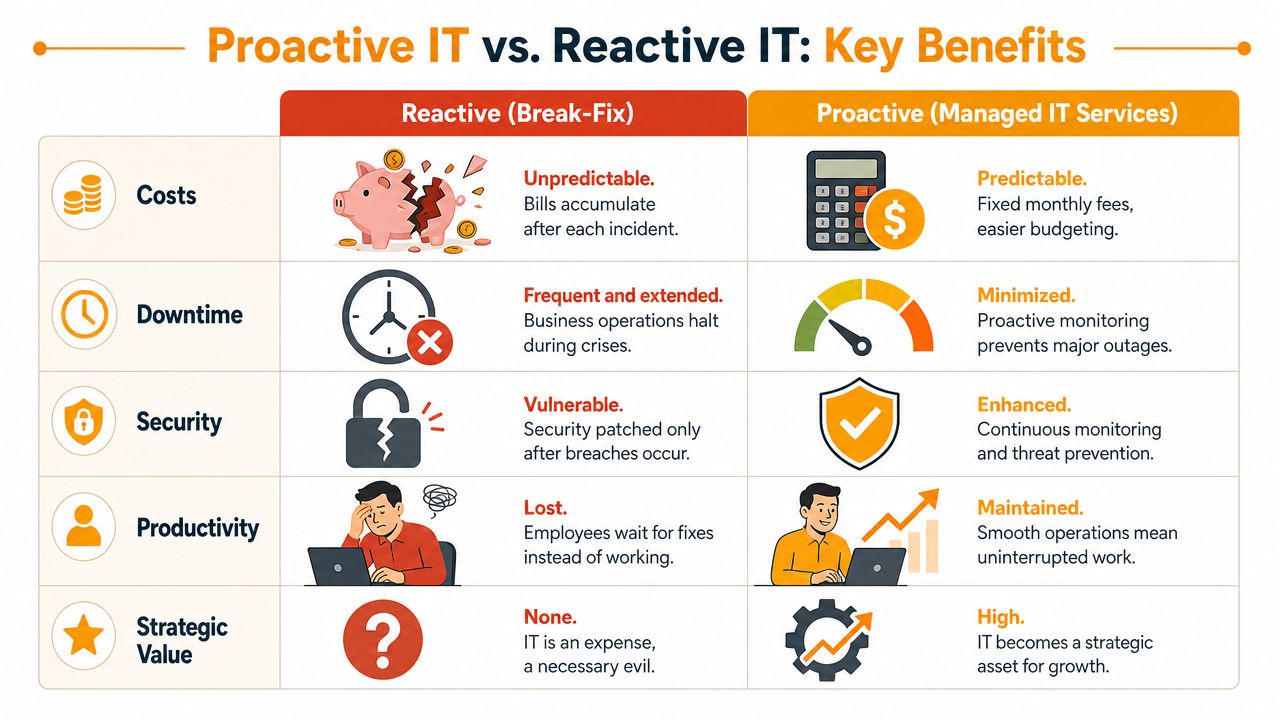 A comparison table illustrating the key differences between reactive break-fix IT and proactive managed IT services.